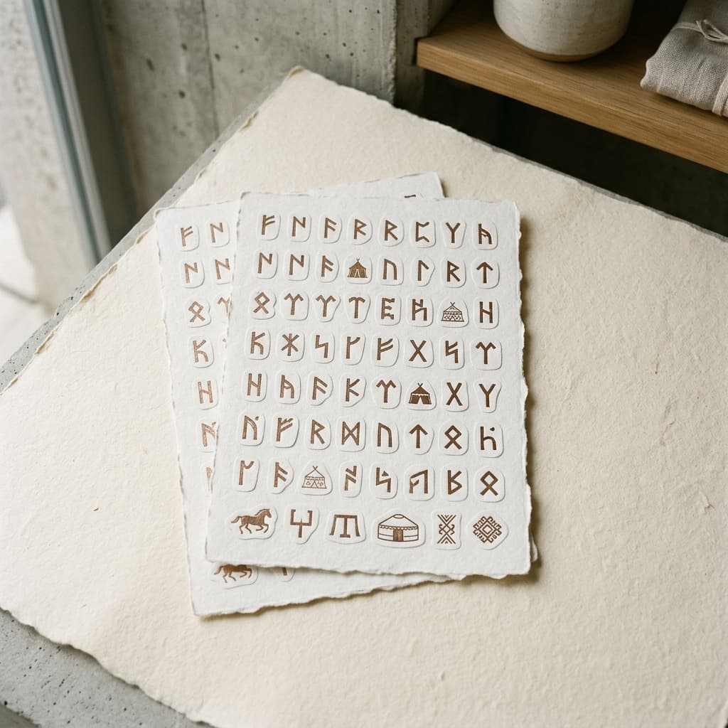 Handmade rag paper sticker sheets featuring embossed ancient Orkhon Turkic runic epigraphy symbols in muted bronze foil